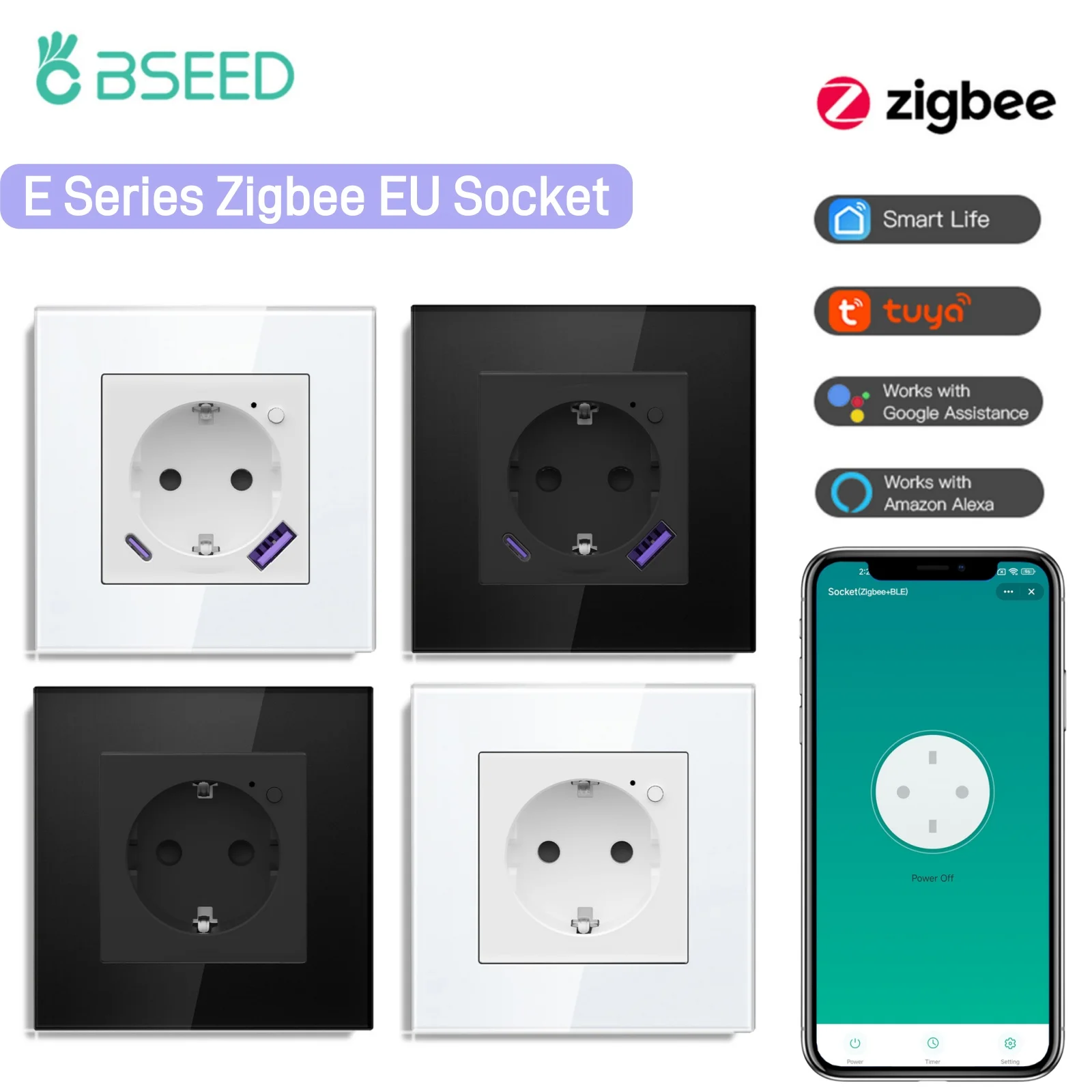 Image of BSEED E-Serie 16A Zigbee Smart-Steckdosen mit 20W USB Typ-C Schnellladefunktion, Wandsteckdosen kompatibel mit der Tuya Smart Life App, kompatibel mit Google Assistant und Alexa, Glasrahmen