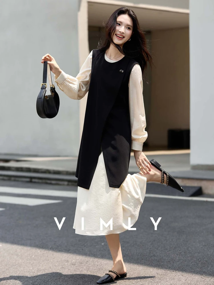 

VIMLY Women's Autumn Two Piece Set French Style 2025 Black O-neck Waistcoat Apricot Long Dresses Casual New Matching Sets A3095