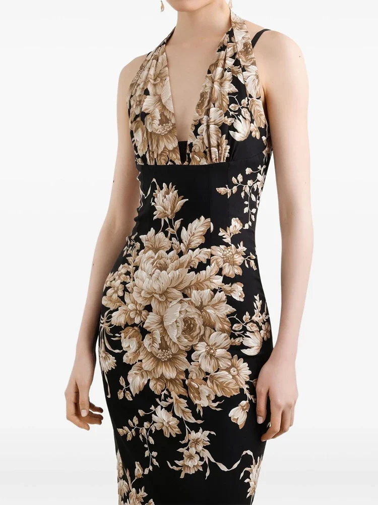 Vestido de fiesta Bohe hueco con espalda descubierta para mujer, vestido ajustado sin mangas con escote en V profundo, vestido Midi ajustado con estampado Floral a la moda