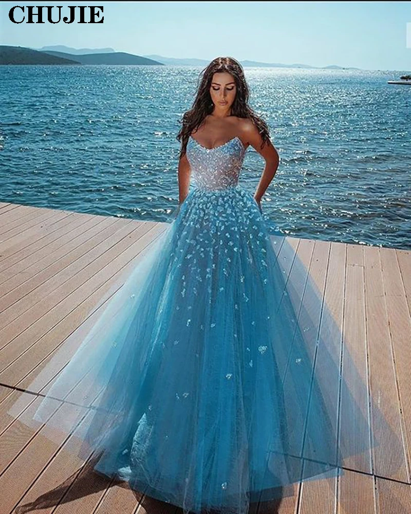 Luxury Sparkly Prom Dresses Evening Gowns Women Gorgeous Glitter A Line Lace Up Back Strapless Wedding Party Dress Dubai Robe