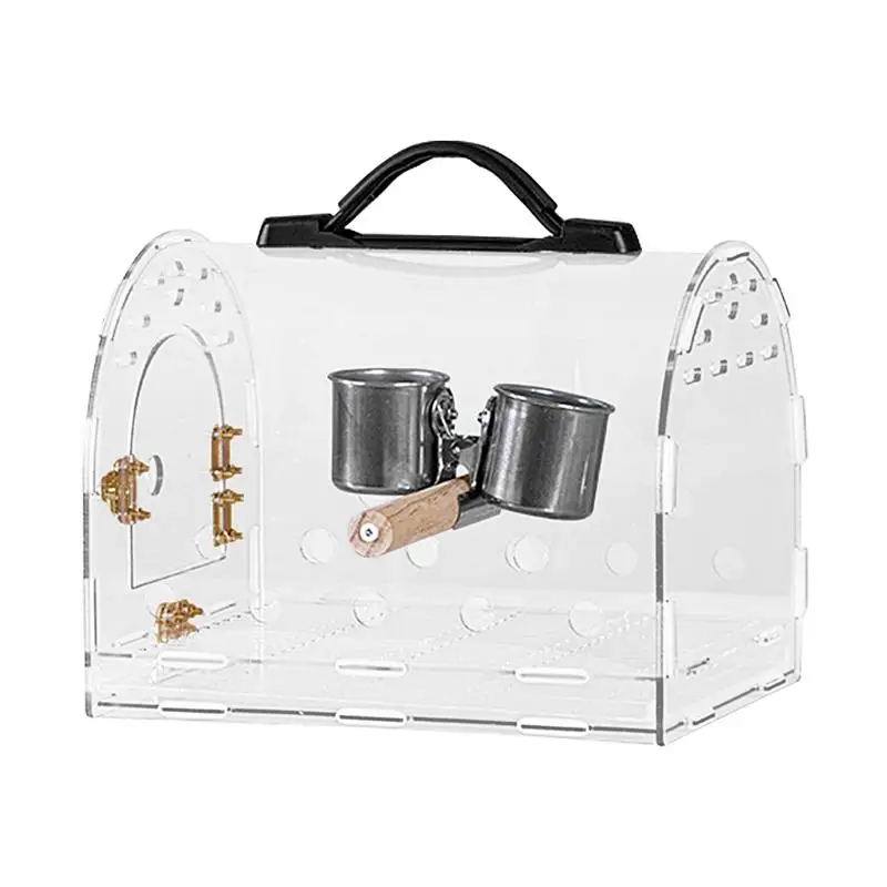 

Bird Travel Carrier Acrylic PVC Handle Bird Carrier With Clear View Portable Outdoor Cage With Wood Pole And Double Feeding Cups