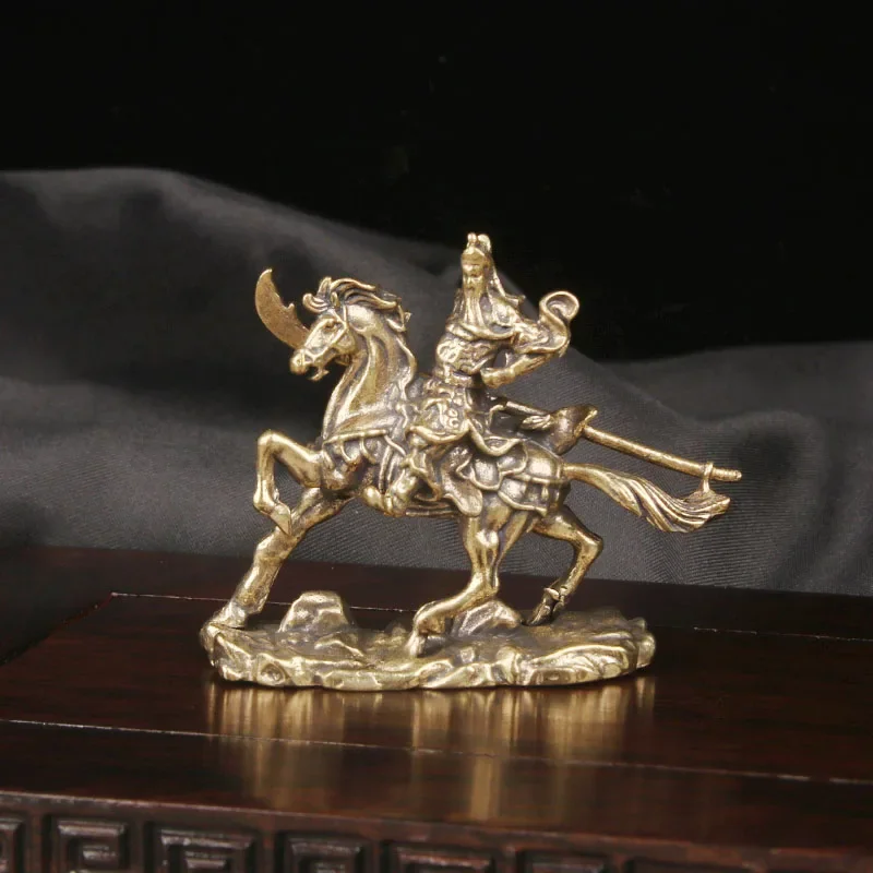 Vintage Brass Statue of Martial Sage Guan Gong Riding Guan Yu God of Wealth Desktop Ornament Craftwork Antique Bronze Ware Figur