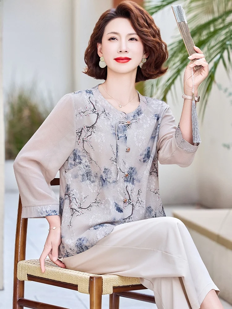 

New Chinese Sle Midi Dr And Jaet Set for Middle-Aged Mothers Summer Faion Loose Fit Polyester Fabric round Neline