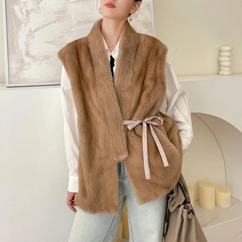 Natural Mink Fur Vest Female High Quality Full Pelt Fur Coats V-Neck Lace-Up Velvet Whole Mink Winter Fashion Warm Chaleco Mujer