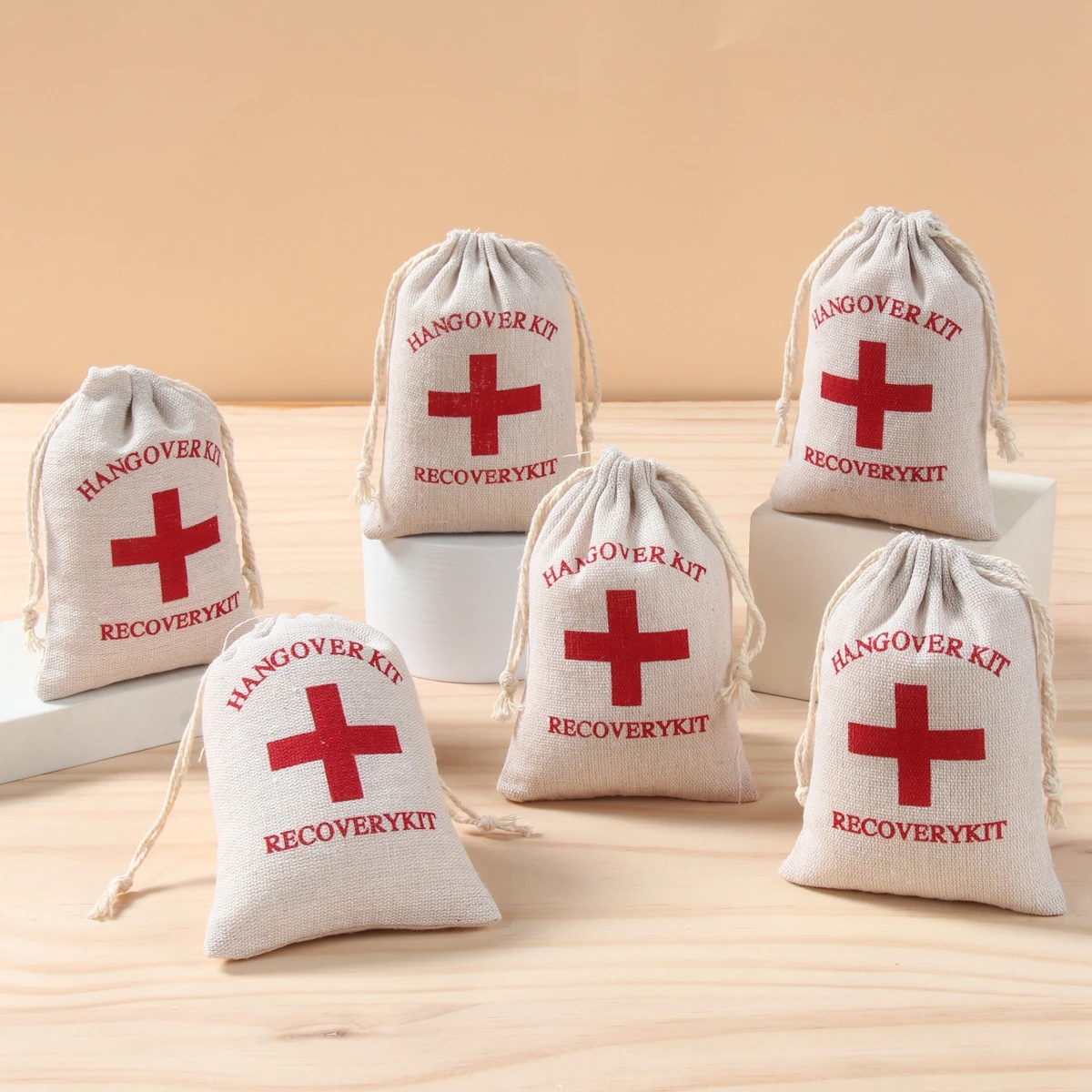 6pcs/Lot Hangover First Aid Kit Candy Bags Cotton Emergency Red Cross Tool Kit Party Wedding Candy Gift Drawstring Linen Bag