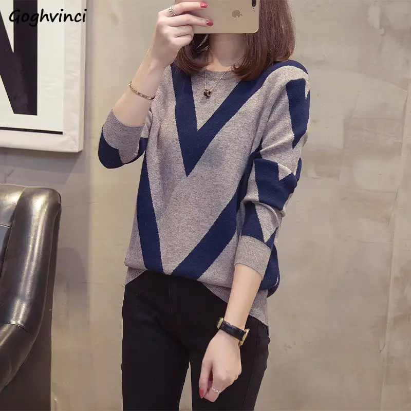 Sweaters Women Autumn O-neck Slim Knitting Pullovers Long Sleeve Loose Lady Winter Korean-style All-match Printed Chic Knitwear