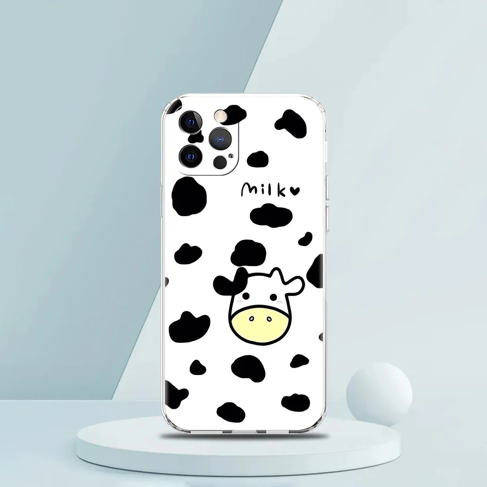 Cute Milk Cow Transparent Phone Case Cover for iPhone 16 15 14 13 12 11 Pro Max XS Max 14 7 8 Plus XR XS Soft Shell Coque Capas