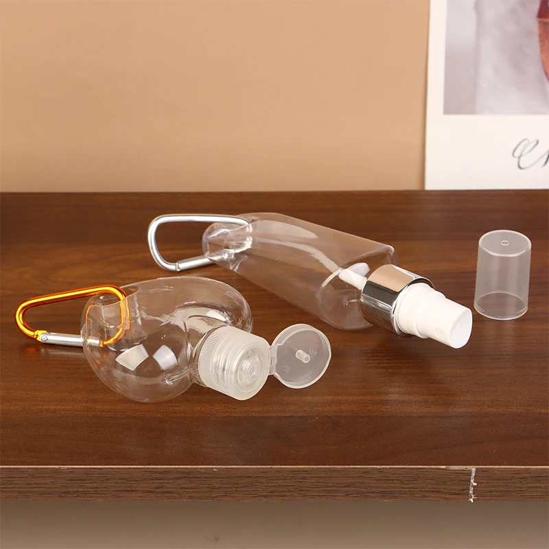 30/50 مللي ملحقات السفر مع حلقة تسلق هوك ماكياج أداة غطاء الوجه زجاجة محلول فارغة العطور الكحول رذاذ زجاجات الحاويات