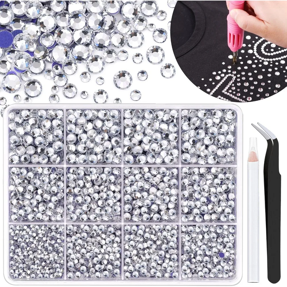 Hot Sale 6800Pcs Clear Silver Iron On Flatback Rhinestones for Clothing, 2-5mm Mixed Sizes Glass Gems for Bedazzling Crafts Hats Shoes Fabric Nail Art Supplies