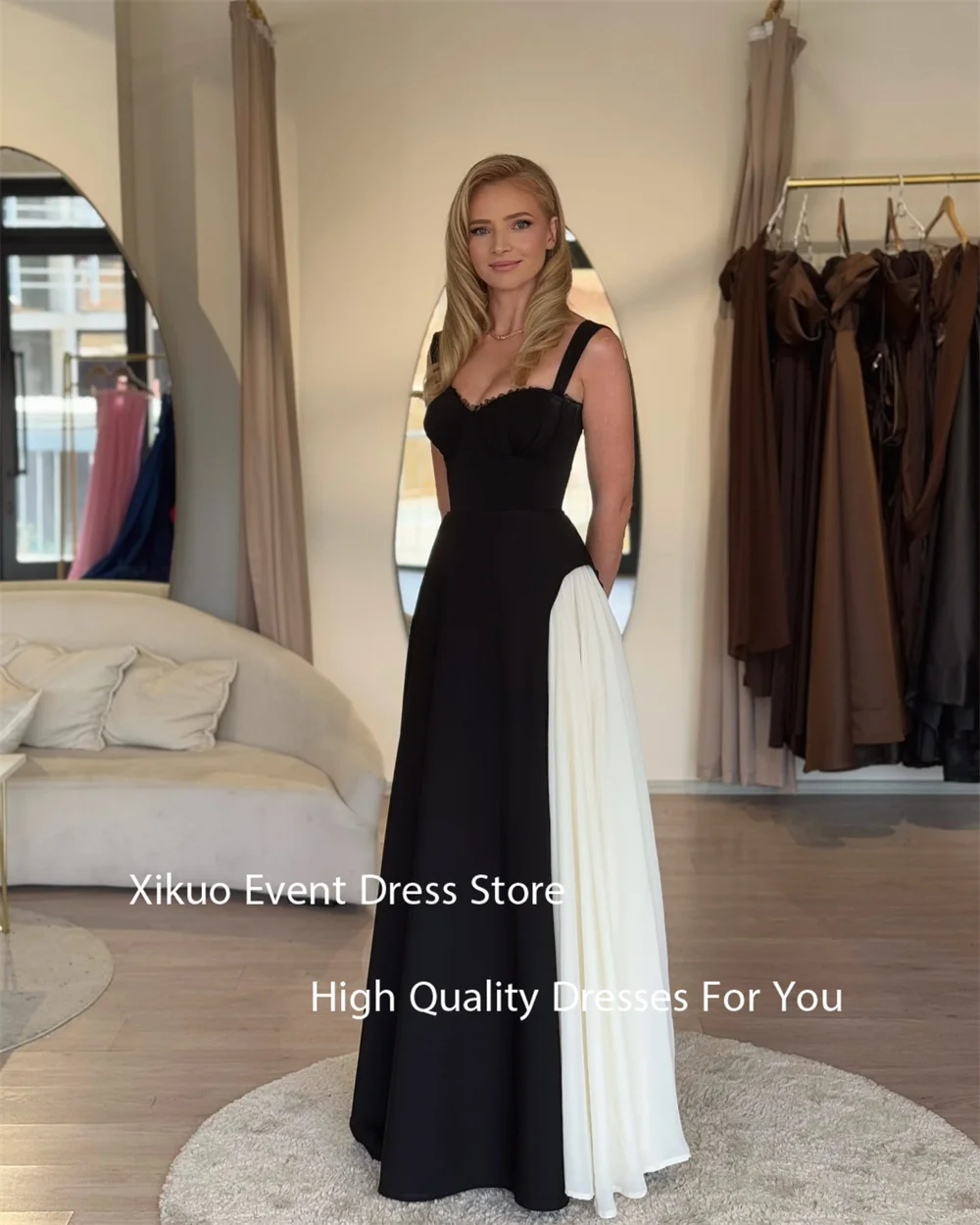 Xikuo 흑백 새틴 이브닝 드레스 긴 라인 Strapless Robes De Soirée 스파게티 스트랩 공식 파티 드레스 맞춤형