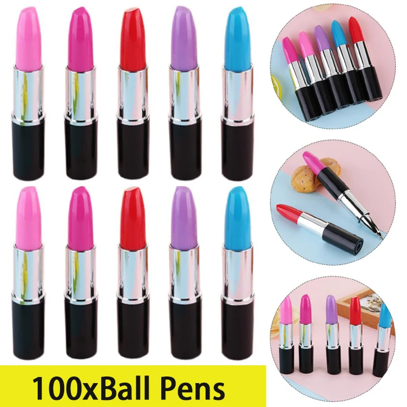 

100Pcs Lipstick Shape Pen Ballpoint Writing Pens Multi- Color Lipstick Cute Ball Pen Novelty Office Stationery Gift