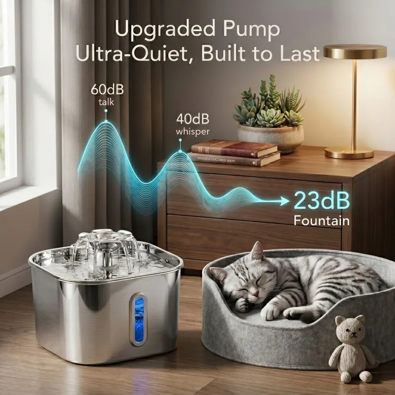 2.2L Stainless Steel Automatic Cat Water Fountain Silent Circulation Pump Visual Window Filter Pet Water Dispenser view 6