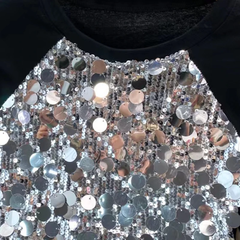 T-shirts Women Summer Slim Cropped Tops Sequined Short Sleeve Stylish K-pop All-match Attractive Charming Sexy Girls Female Chic image 5