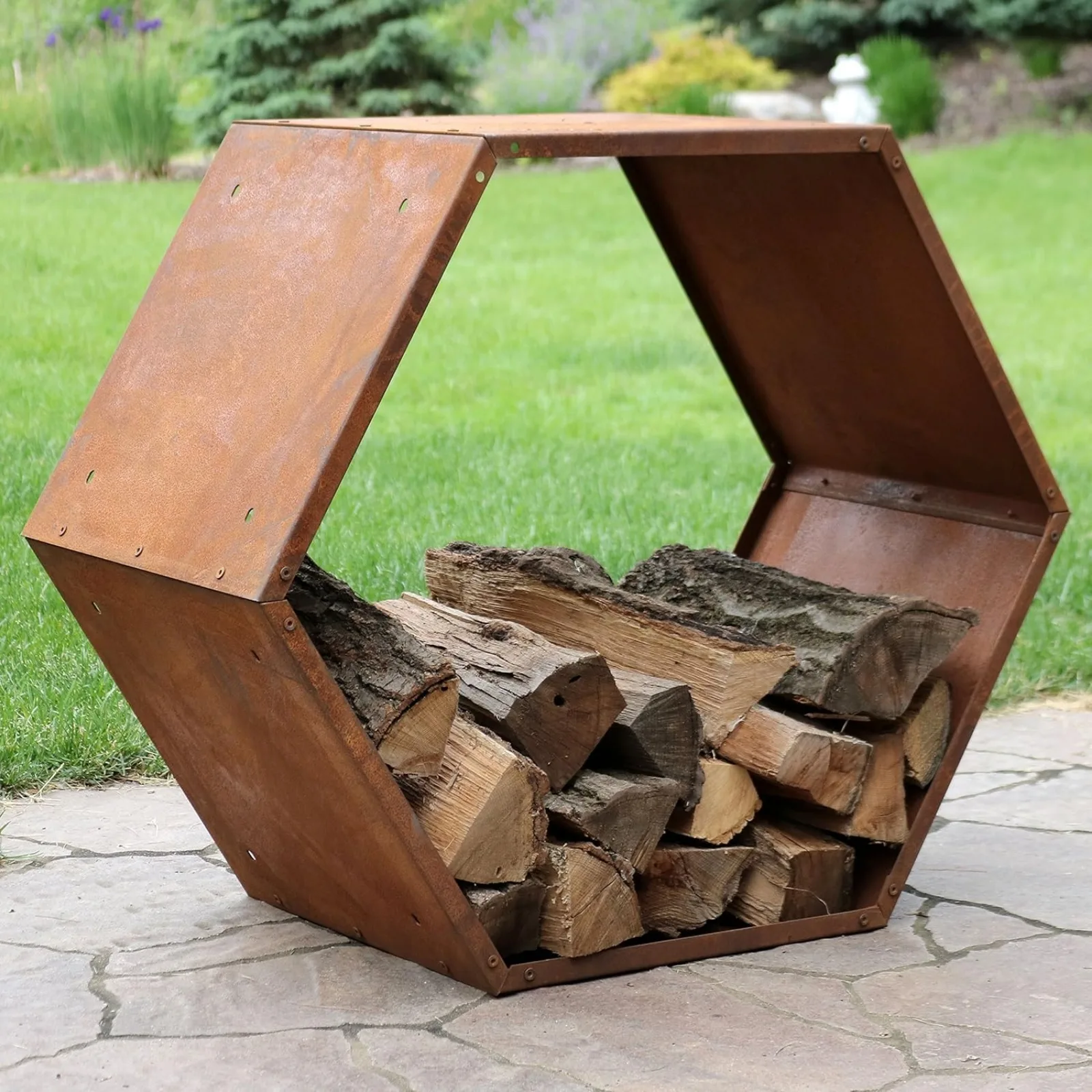 US Outdoor Hexagon Heavy-Duty Firewood Log Rack - Honeycomb Design - Cold-Rolled Steel Construction - 30-Inch