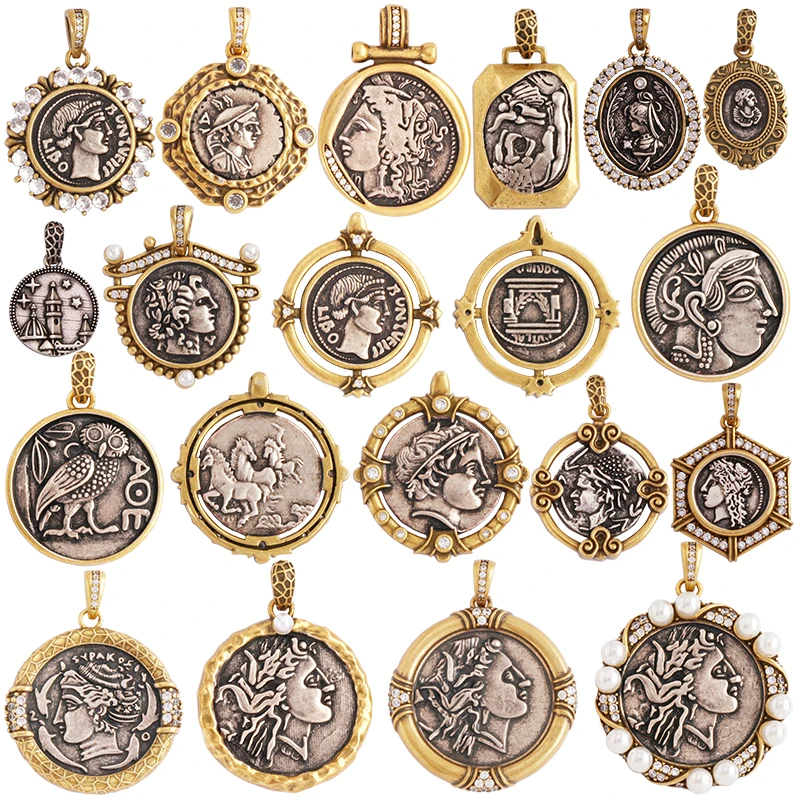 Antique or Bronze beauté Portrait chevalier ange déesse pièce médaillon pendentif à breloque, collier bijoux accessoires fournitures M64