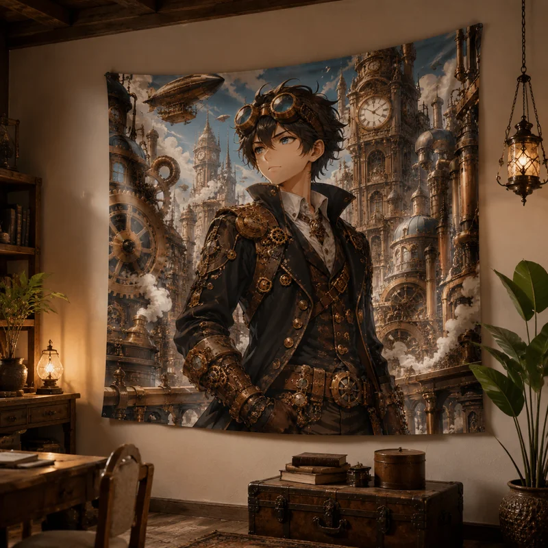 VIKAMA Steampunk Mechanical Youth Tapestry Retro Gear Airship Anime Printing Hanging Cloth Anime Room Decoration