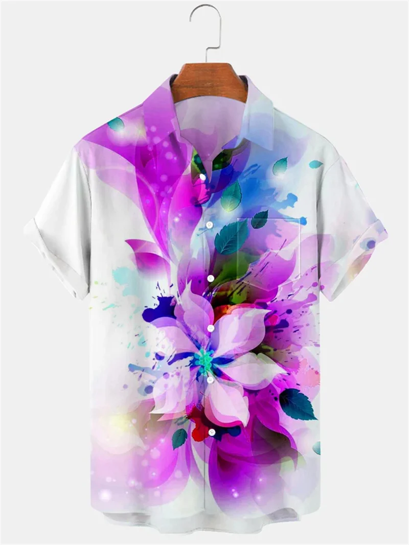 2025 casual short sleeved fitted top men's clothing new style lapel button men's shirt retro tree print beach shirt