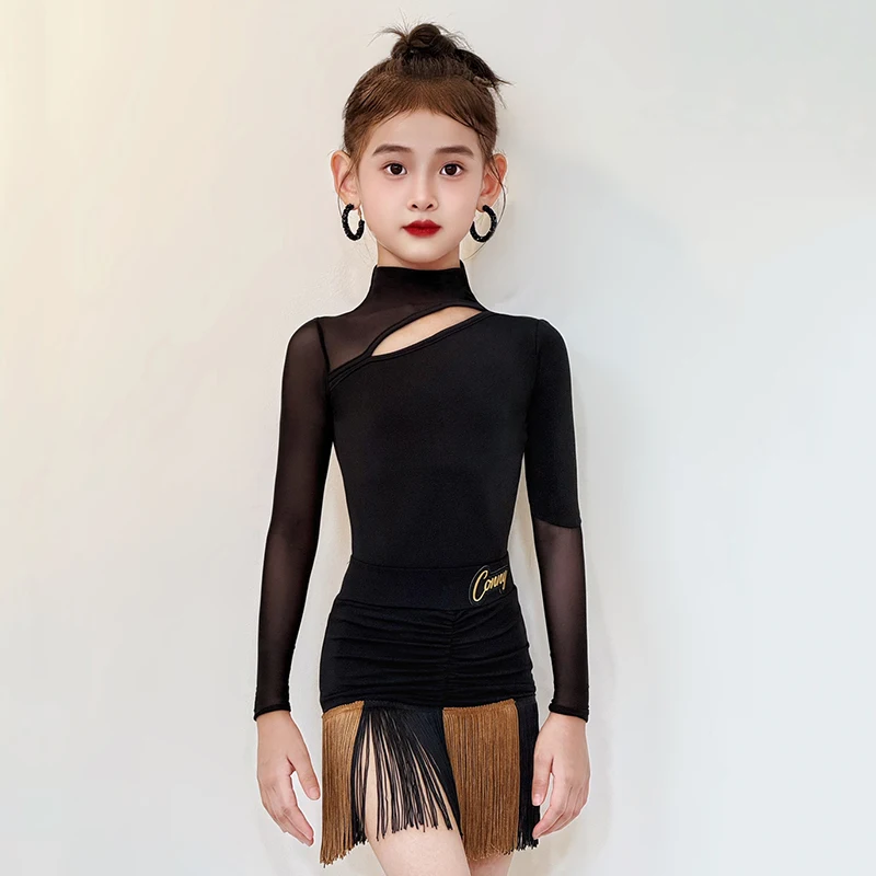 2025 New Latin Dress For Girls Black Performance Clothes Long Sleeve Bodysuit Fringe Skirt Kid Competition Stage Outfit