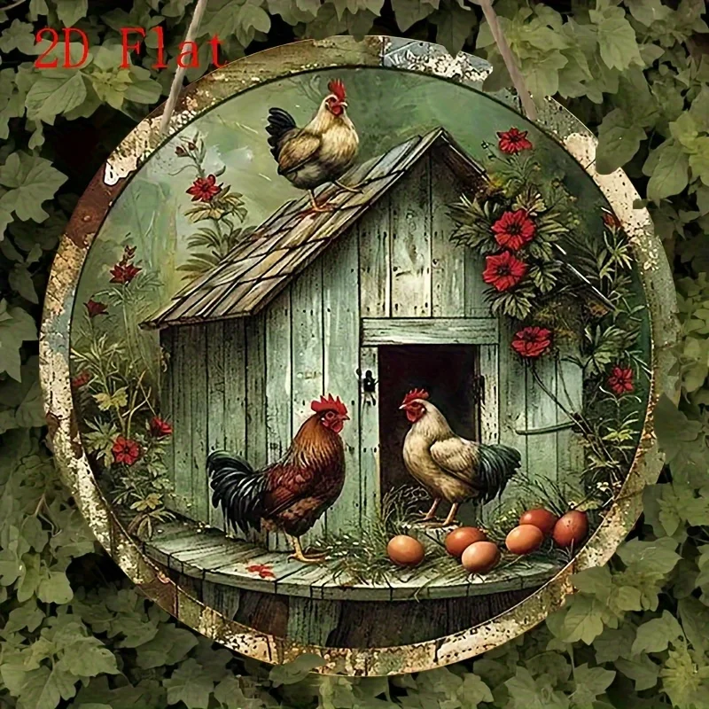 

2D Flat, Handmade Rustic Farmhouse Chicken Coop Wall Art - 2D Flat Circular Artificial Wood Sign with Rooster & Hen Design, Vibr