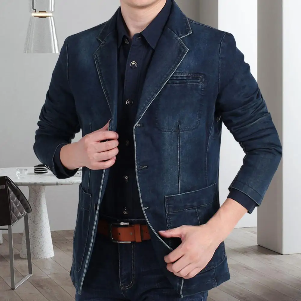 Denim Blazer Men Jeans Suit Jacket Solid Color Casual Business Three Buttons Denim Suit Jacket Slim Fit Business Jeans Blazer