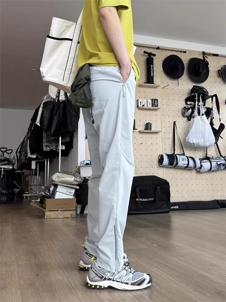 速乾性アイスシルクメンズカジュアルパンツ夏薄いサイドジッパーアウトドアハイキングパンツルーズフィットストレートレッグ日焼け止め