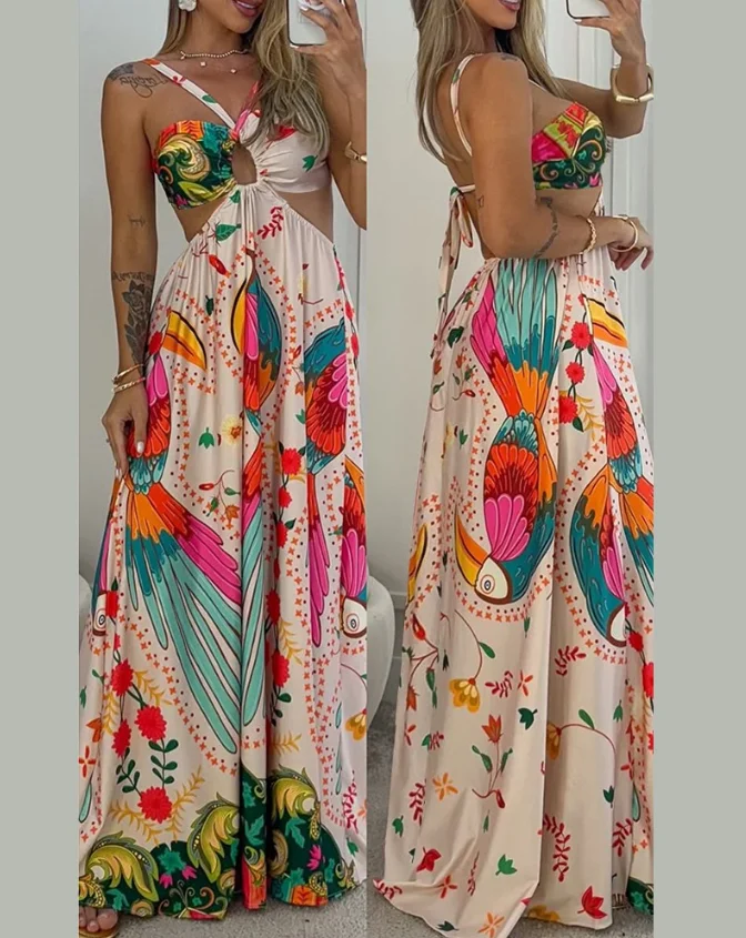 

Tropical Floral Print Hollowed Out Detail Dress for Women, Summer Sexy Slim Fit Beach Backless Lace Up Suspender A-Line Dress