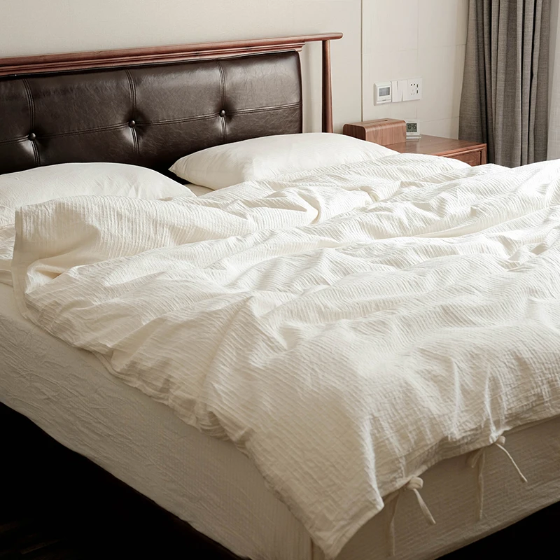 New Undyed 100% Natural Cotton Bedding Set,Japanese Strappy Duvet Cover Pilow Case, Jacquard Pure White Plain