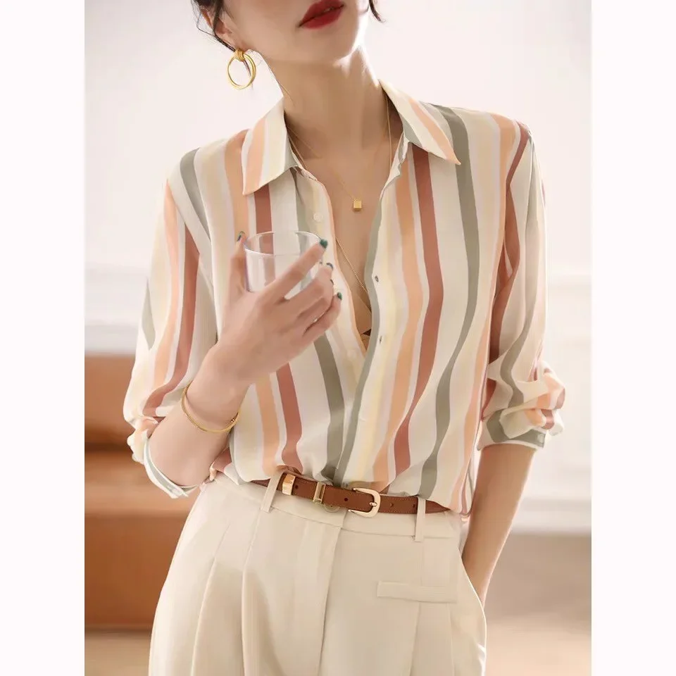 Striped Shirt Top Female Long-sleeved Spring Dress 2025 New Niche Retro Silk Silk Shirt Female Slimming