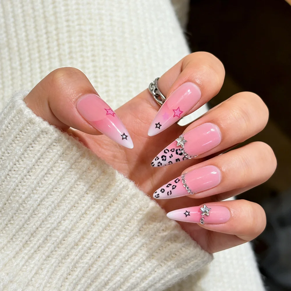 96Pcs Pink Long Stiletto Press On Nails 3D Cute Strawberry Bowknot Charms Fake Nails for Girls Y2K Style Party Daily Manicure TD view 5