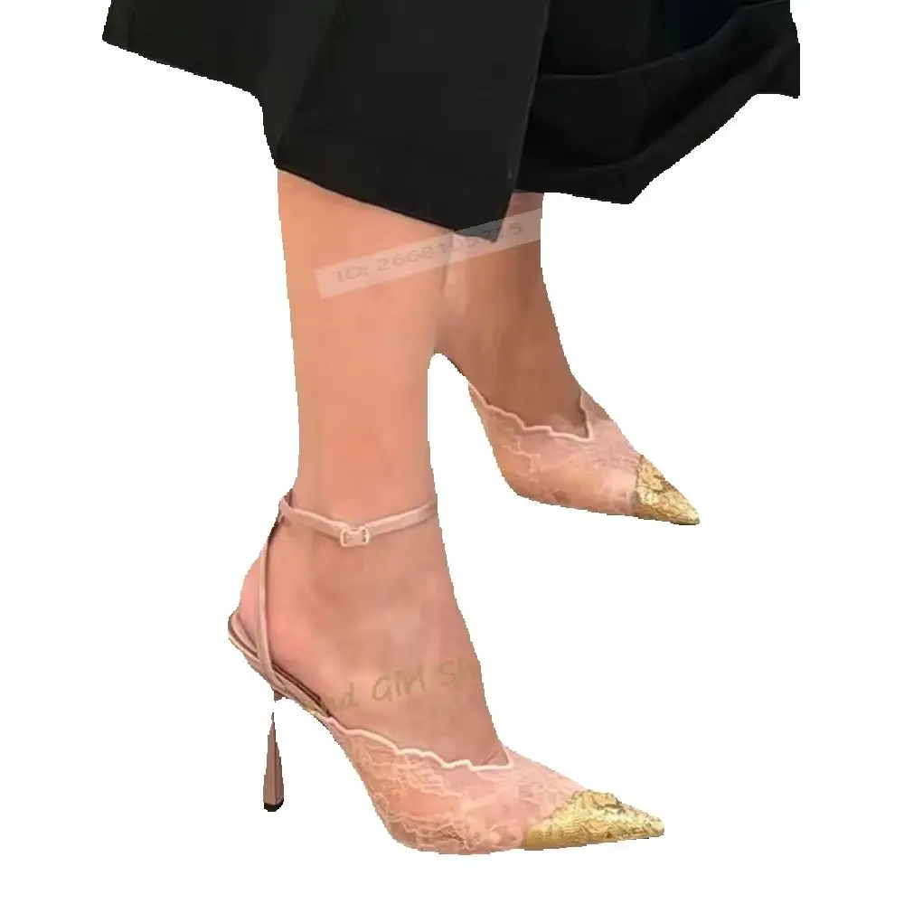 

Sexy Lace Baotou Sandals Pointed Toe Hollow Thin Med Heels Solid Summer Buckle Straps Women Shoes Ankle Designer Sandals Fashion