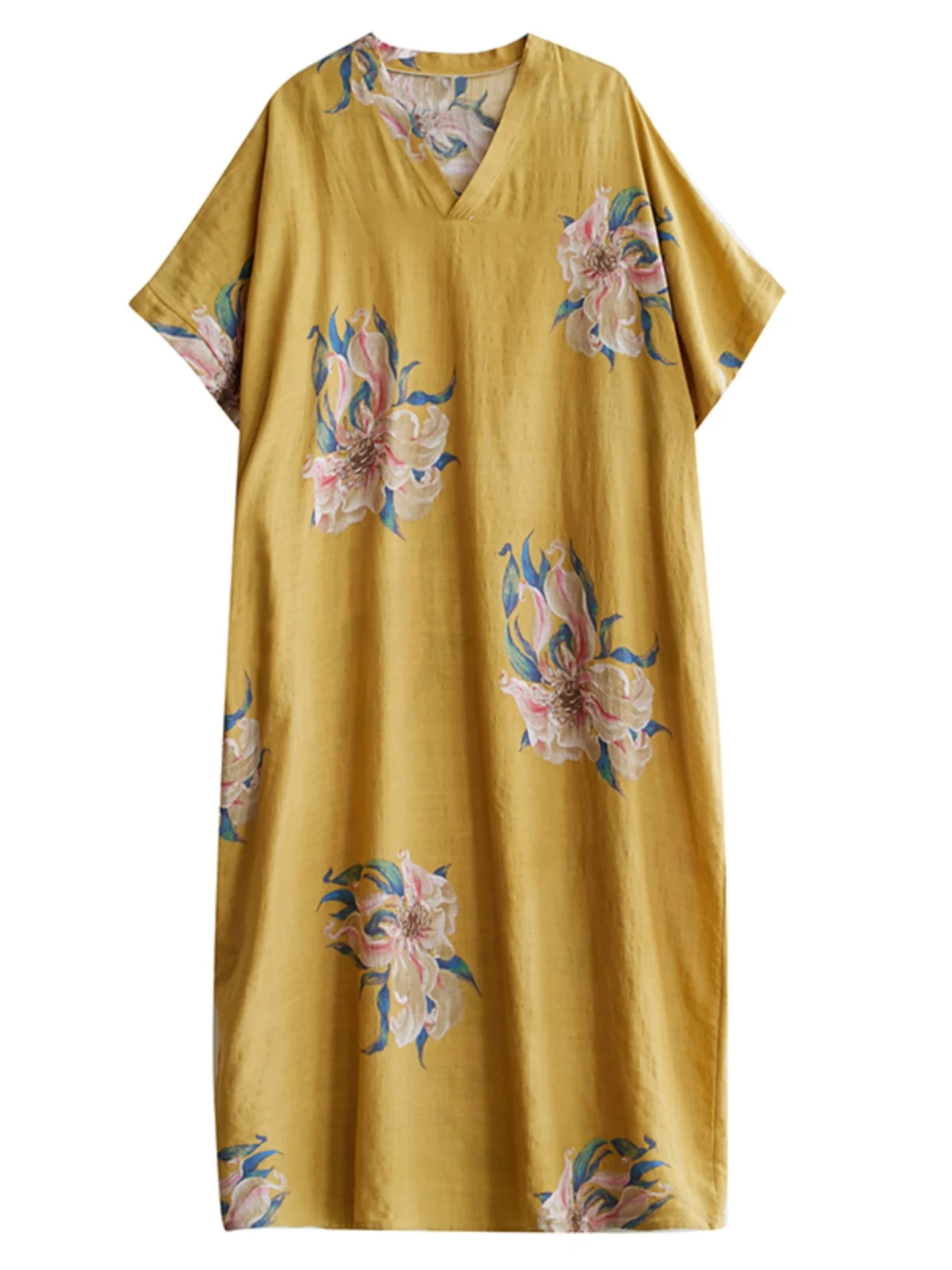 レトロな花柄プリントのマキシ丈ワンピース、スリムでゆったりとしたフィット感、夏のヴァイオンスタイル、Vネック、Aライン、ドレープ、女性用ファッション
