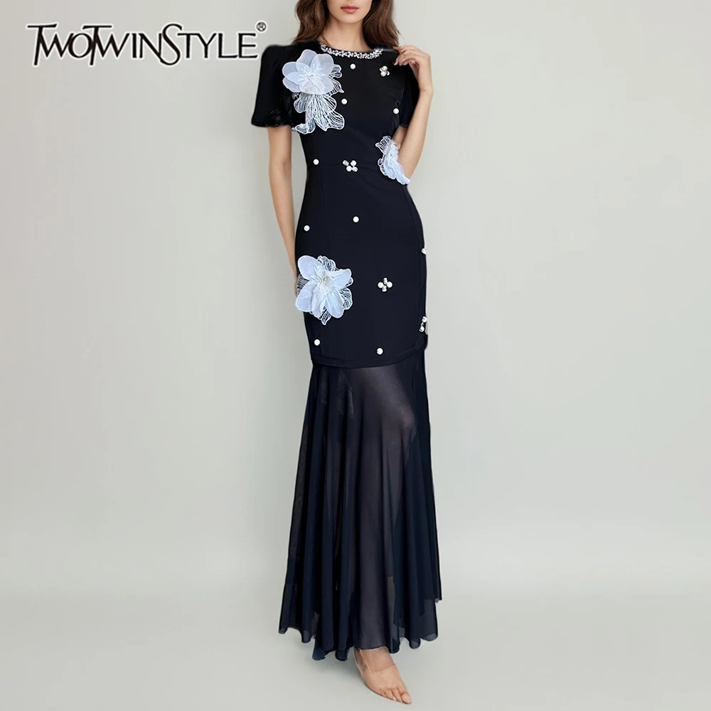 TWOTWINSTYLE ตีสี Spliced 3D ดอกไม้ Elegant ชุดผู้หญิงรอบคอแขนสั้น Patchwork พับ SHEER ชุดหญิง