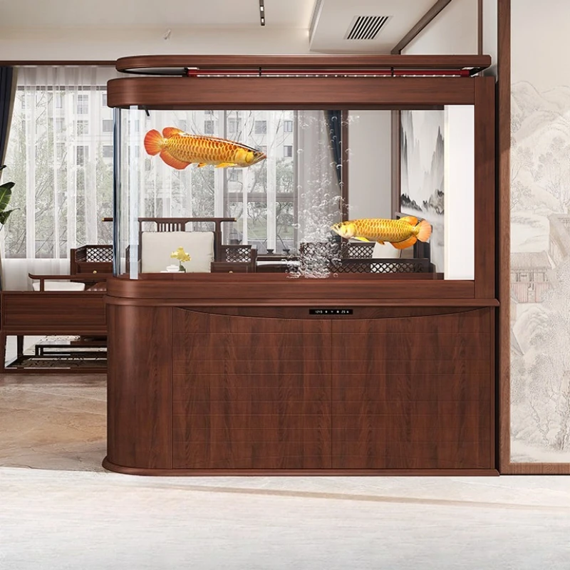

Mid-century Modern Bullet Head Aquarium - Large Curved Ultra Clear Glass Tank with Integrated Filtration & Wooden Cabinet JT40