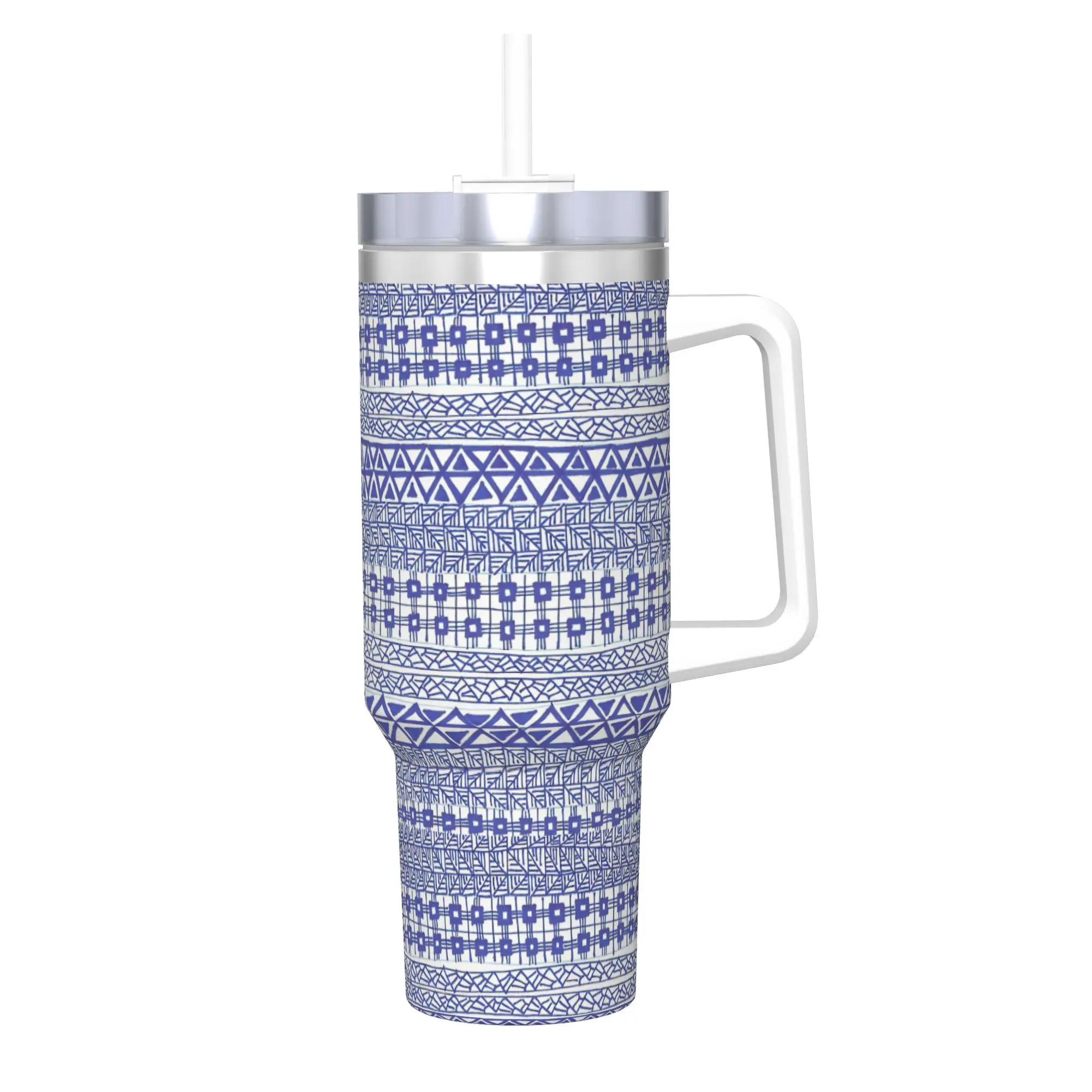Blue Rows  Insulated Tumbler with Straws Lid Geometric Ink Blue Vacuum Coffee Mugs Double Wall Bottle Cups, 40oz