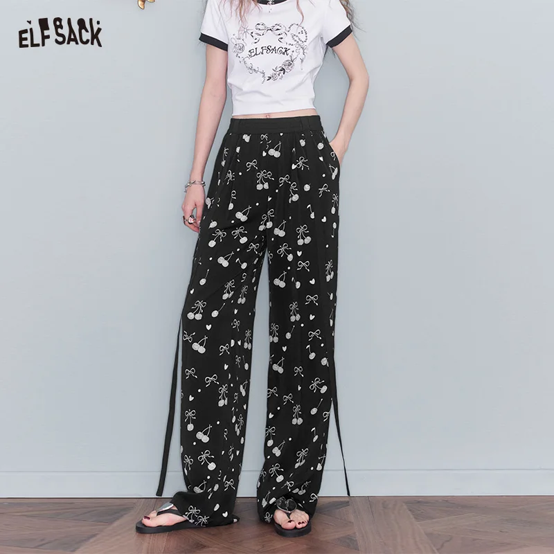 

ELFSACKk 2025 Summer New Arrival Retro Printed Casual Pants High Waisted Loose Wide Leg Drag Pants For Women