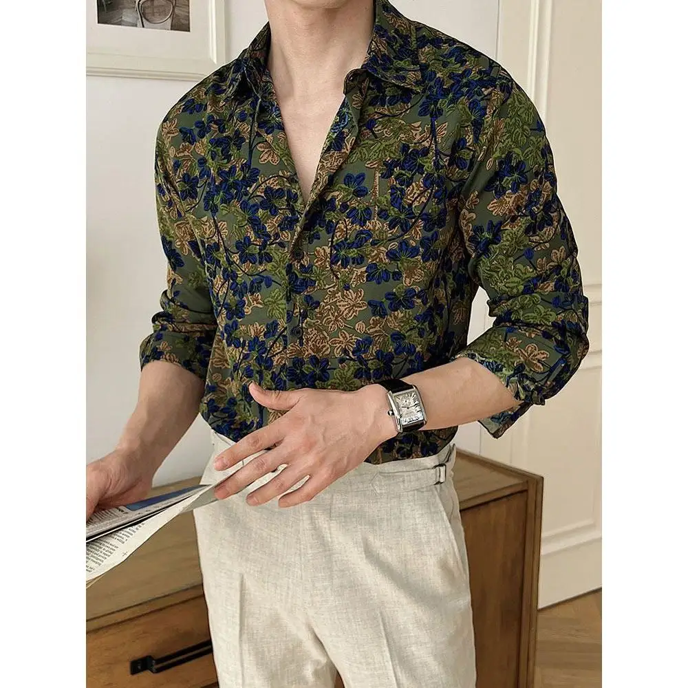 

Laid-back Style Long Sleeve Ice Silk Flower Casual Shirt Men's Business Casual Versatile Wrinkle-resistant Holiday Shirt