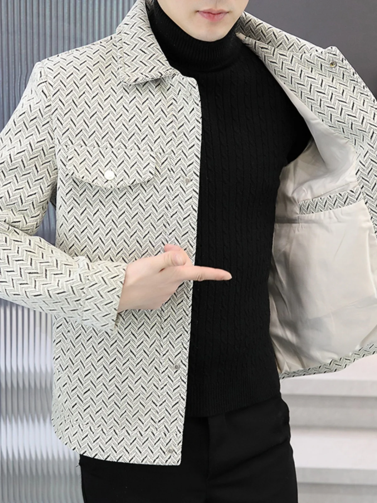 

Мужская демисезонная модная повседневная шерстяная куртка с отложным воротником, молодежная рабочая одежда, городской стиль, из полиэфирного волокна, для электронной коммерции