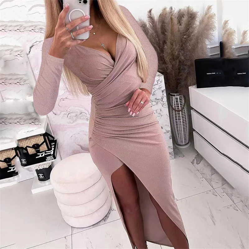 

Sexy Solid Color Wrap Bust Pleated V Neck Women Elegant Dinner Party Dresses High Waist Long Sleeves Ladies Celebrity Jumpsuit