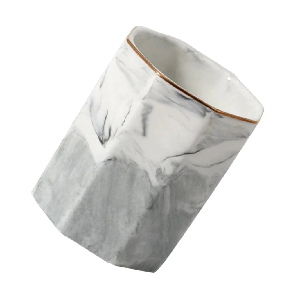 1 tazza di stoccaggio in ceramica di marmo elegante grigia con bordo dorato per cosmetici e spazzole per protezione dei capelli, tazza di stoccaggio in ceramica