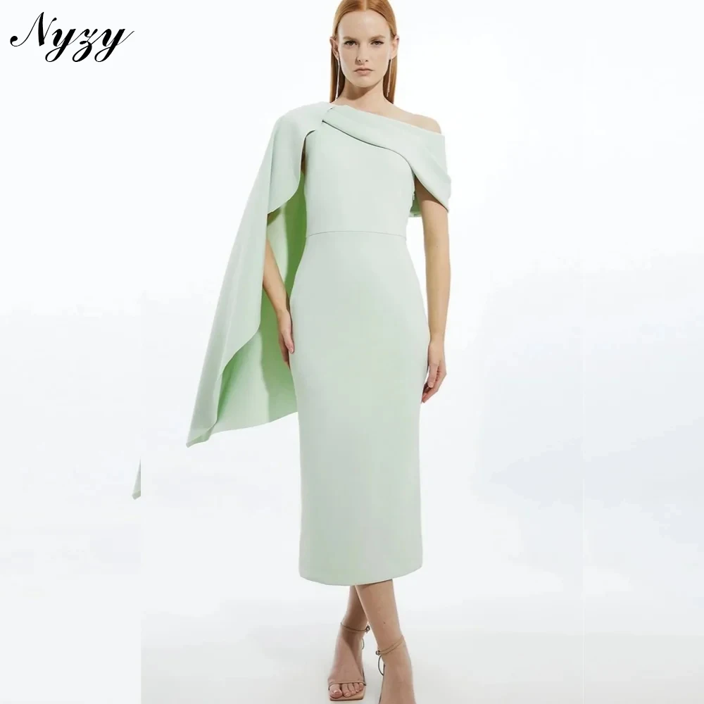 

NYZY M518 Couture One Shoulder Cape Sleeve Evening Dress Women Elegant Wedding Party Short Mother of the Bride Dress Mint Green