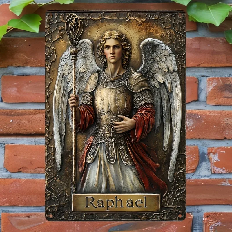 Vintage Archangel Raphael Aluminum Sign, Durable Metal Art for Unique Retro Wall Decor, Perfect for Garage, Garden, Bar, Cafe - Detail 1