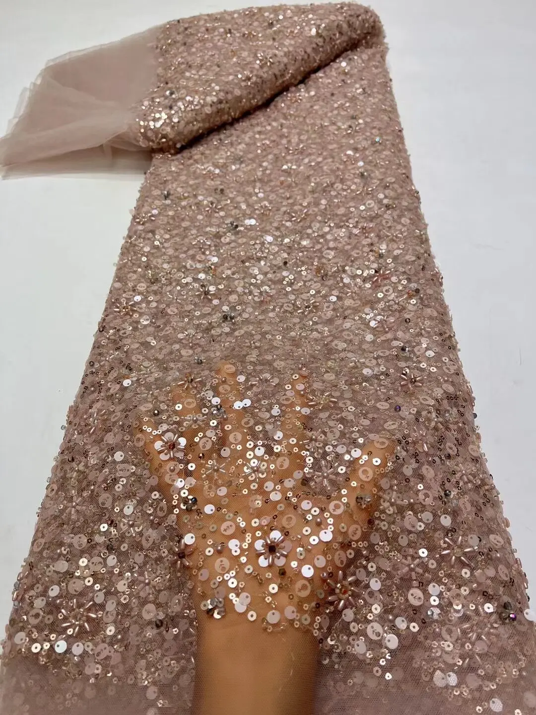 

Luxury African Lace Fabric ZH-1308549 High Quality Sequins Beads Lace Fabrics For Nigerian Wedding French Tulle Lace Fabric