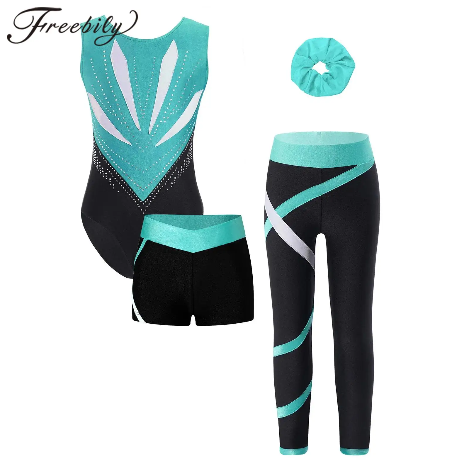 Kids Girls Gymnastics Jumpsuit Figure Skating Leotard Shorts Leggings Hair Band Children's Yoga Dance Bodysuit Ballet Outfit