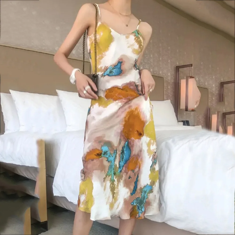 

Summer Women Painted Printed French Dress Suspender Skirt Is Thin and Temperament Fairy Skirt Party Dress Sexy Dress Women