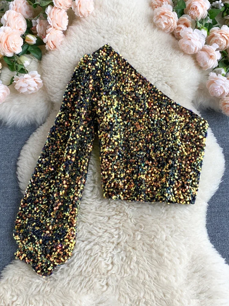 Herbst 2022, neues Produkt, T-Shirt mit schrägem Kragen, trägerlos, einseitig, Puffärmel, schmale Passform, kurzes Pailletten-Top HK102