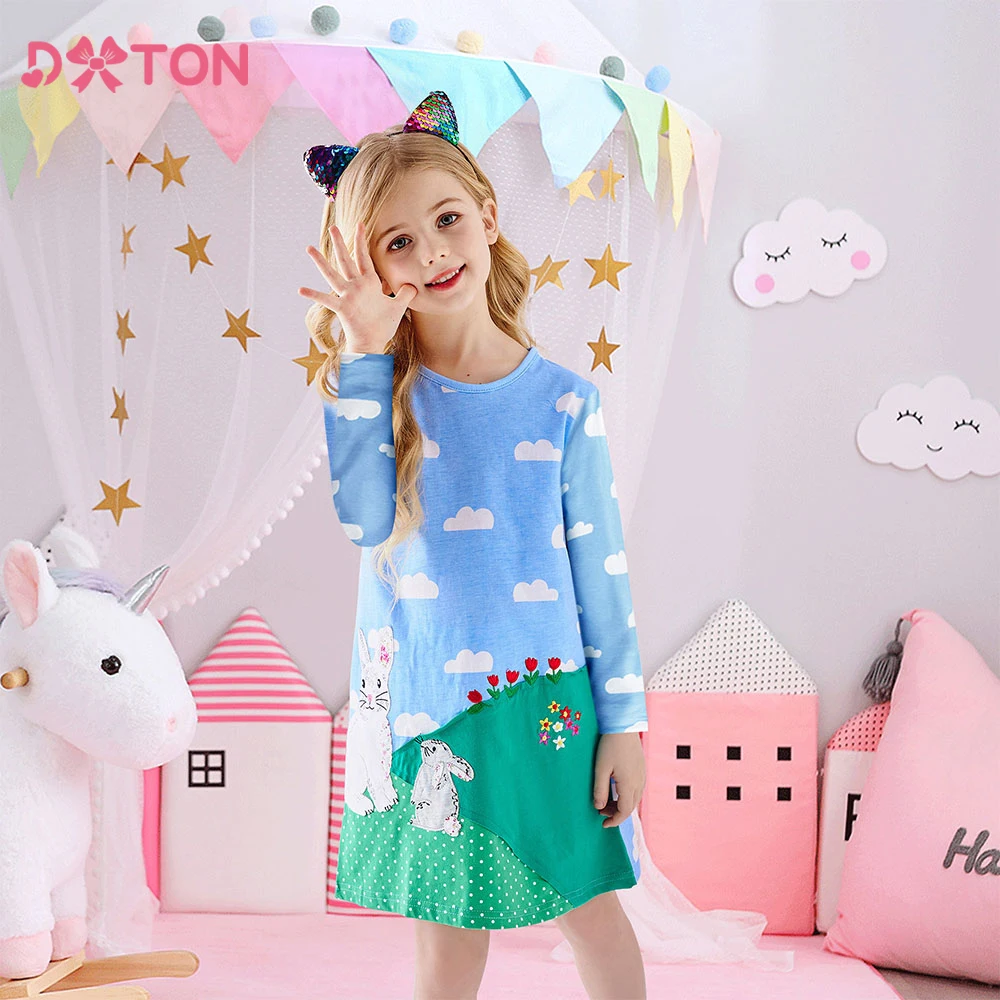 DXTON Long Sleeve Children Dresses For Girls Winter Kids Clothing Toddler Casual Dresses Rabbit Applique Girls Cartoon Vestidos