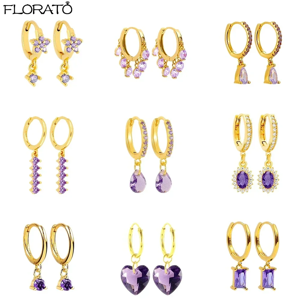 925 Sterling Silver Ear Needle Elegant Purple Crystal Heart Earrings Trend Hoop Earrings for Women Cartilage Puncture Jewelry