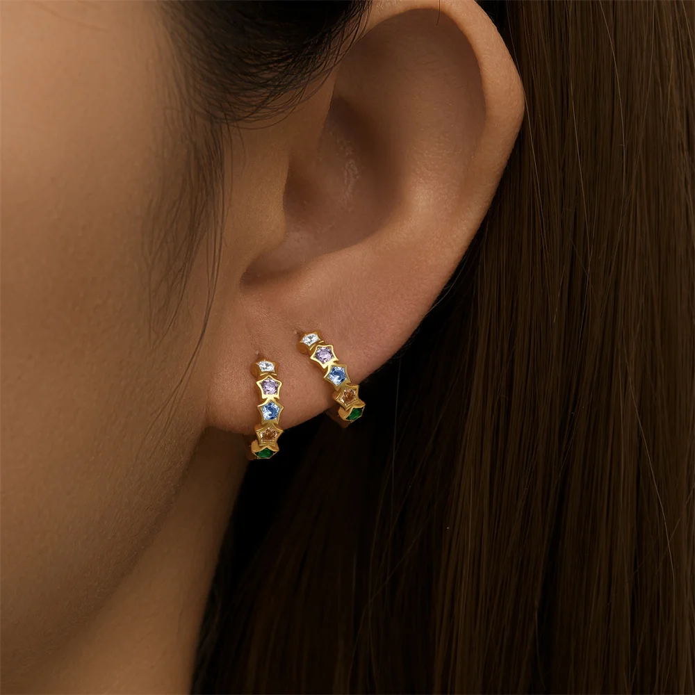 ROXI 925 Sterling Silver Colorful Star Moon Zircon Circle Earrings Women Rainbow Earring Party Wedding Boutique Jewelry