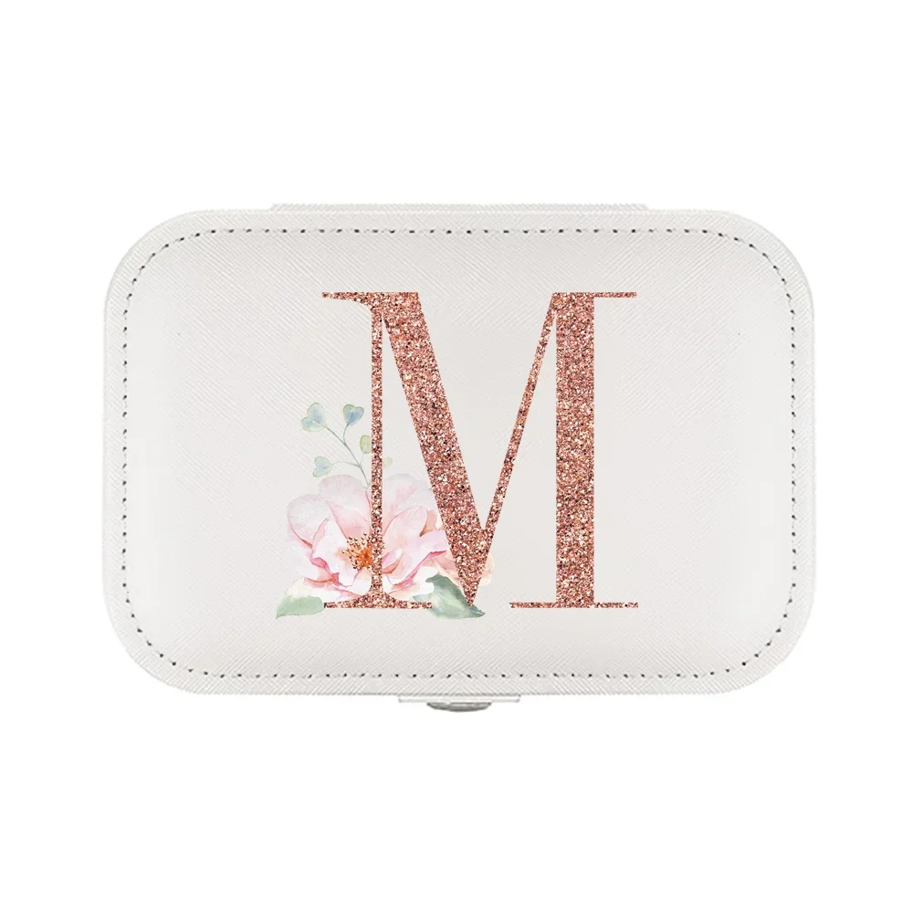 Jewelry Box Earrings Storage Bag Desktop Drawer Necklace Ring Holder PU Leather Organizer Pink Flowers and Sparkling Letters2023