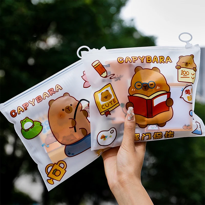 Transparent Waterproof Cartoon Cute Capybara File Bag Light Zipper Large Opening Portable Storage Bag School Supplies